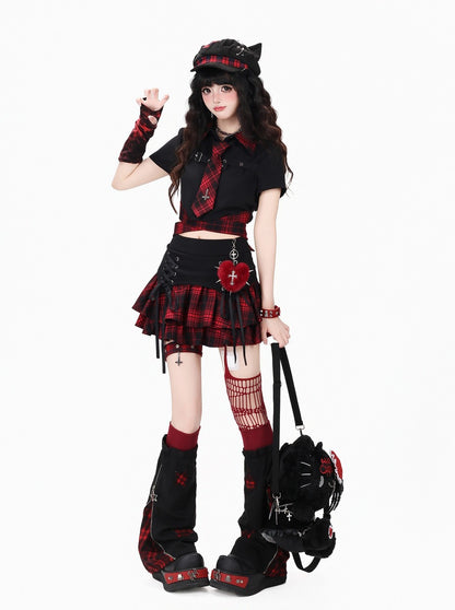 Crazy Girl Eternal Night Plaid Red Blue Black Shirt Tie Skirt Two Piece Set
