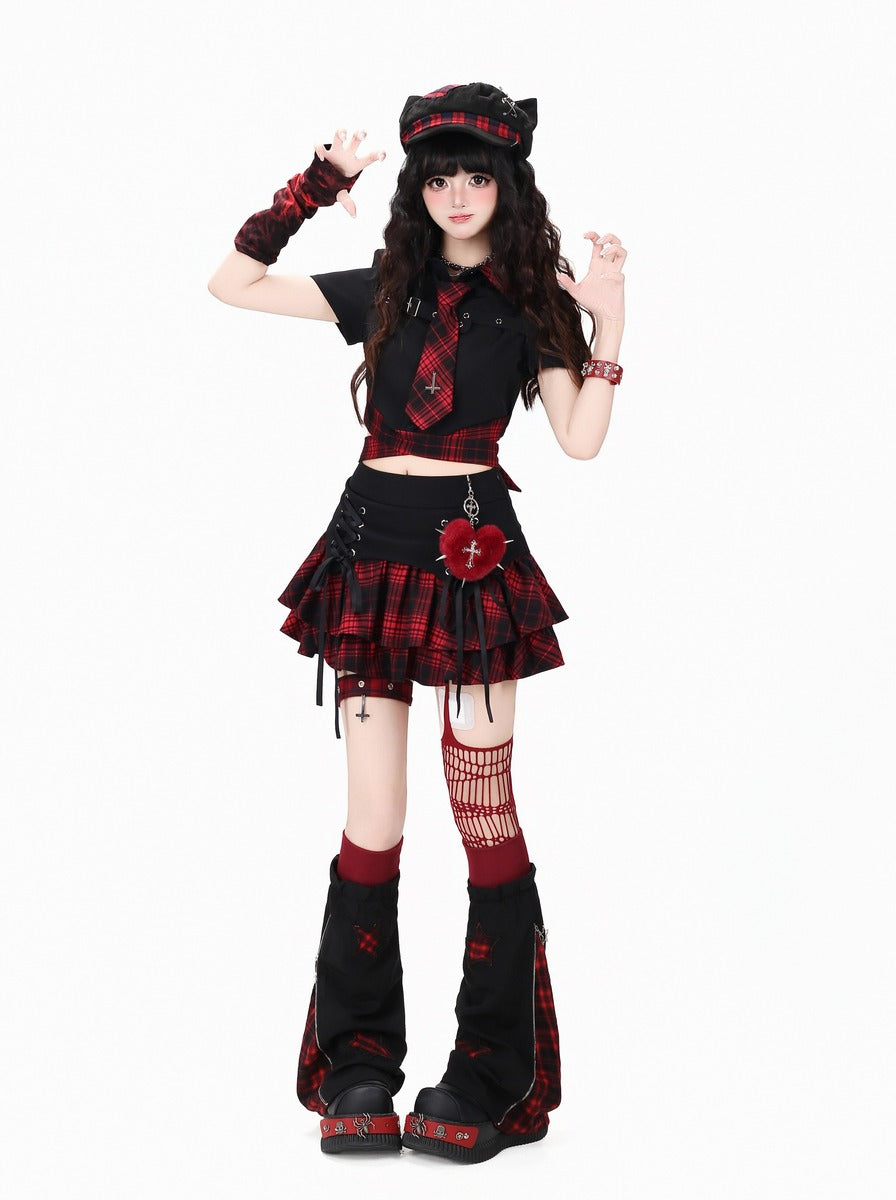 Crazy Girl Eternal Night Plaid Red Blue Black Shirt Tie Skirt Two Piece Set