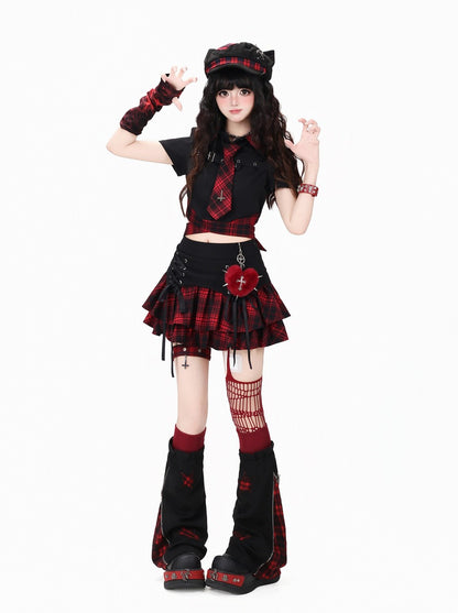 Crazy Girl Eternal Night Plaid Red Blue Black Shirt Tie Skirt Two Piece Set