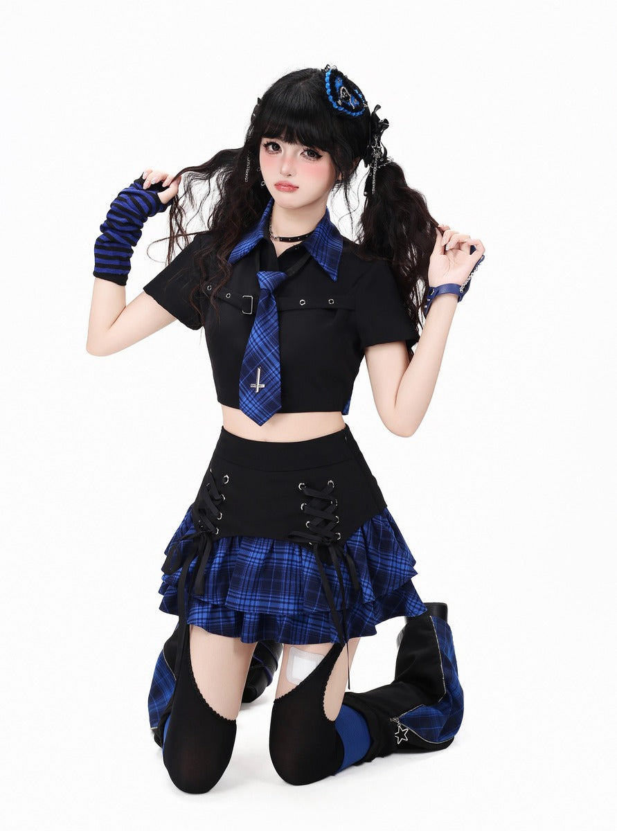 Crazy Girl Eternal Night Plaid Red Blue Black Shirt Tie Skirt Two Piece Set