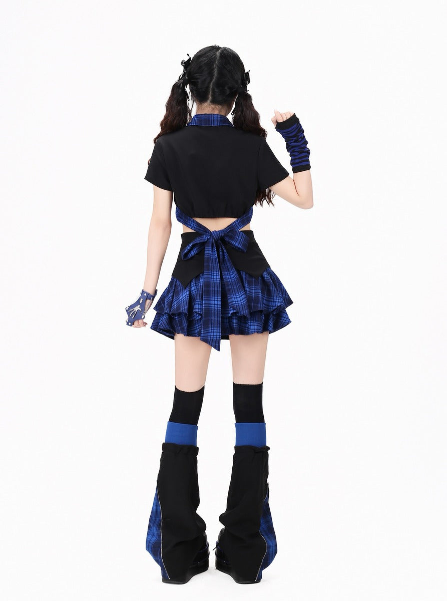 Crazy Girl Eternal Night Plaid Red Blue Black Shirt Tie Skirt Two Piece Set