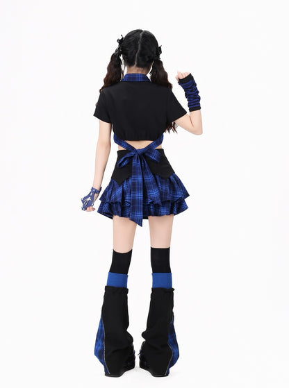 Crazy Girl Eternal Night Plaid Red Blue Black Shirt Tie Skirt Two Piece Set