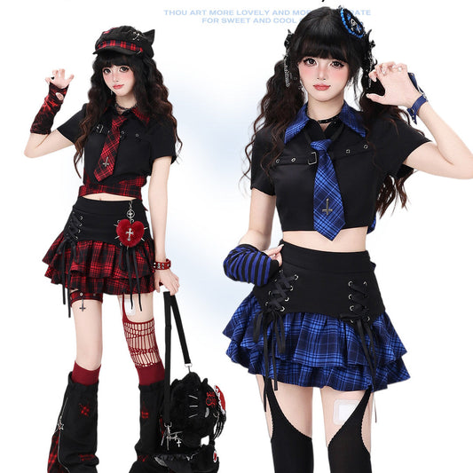 Crazy Girl Eternal Night Plaid Red Blue Black Shirt Tie Skirt Two Piece Set