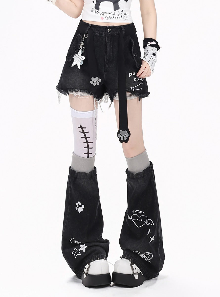 Crazy Girl First Gen Kitten Blue Black Gray Denim Shorts Leg Warmers