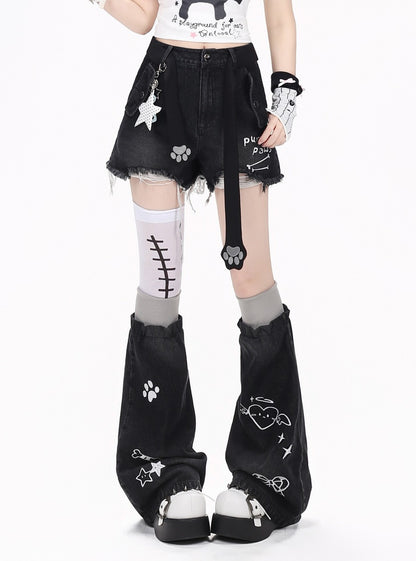 Crazy Girl First Gen Kitten Blue Black Gray Denim Shorts Leg Warmers