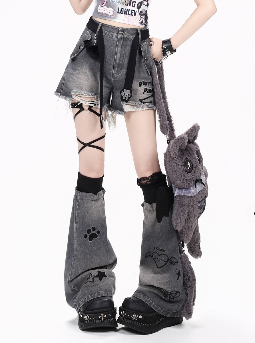 Crazy Girl First Gen Kitten Blue Black Gray Denim Shorts Leg Warmers