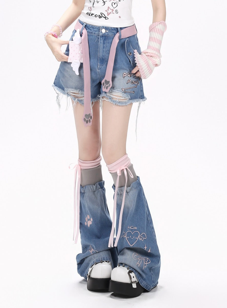 Crazy Girl First Gen Kitten Blue Black Gray Denim Shorts Leg Warmers
