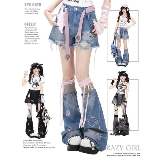Crazy Girl First Gen Kitten Blue Black Gray Denim Shorts Leg Warmers