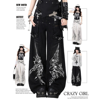 Crazy Girl Gothic Angels Eyes Black White Baggy Jeans