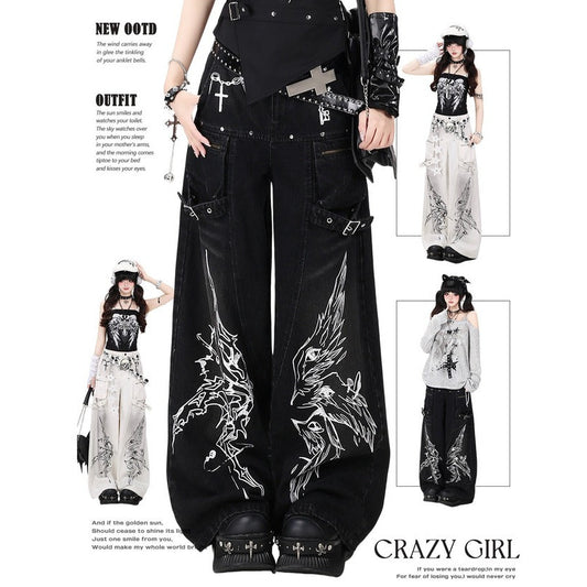 Crazy Girl Gothic Angels Eyes Black White Baggy Jeans