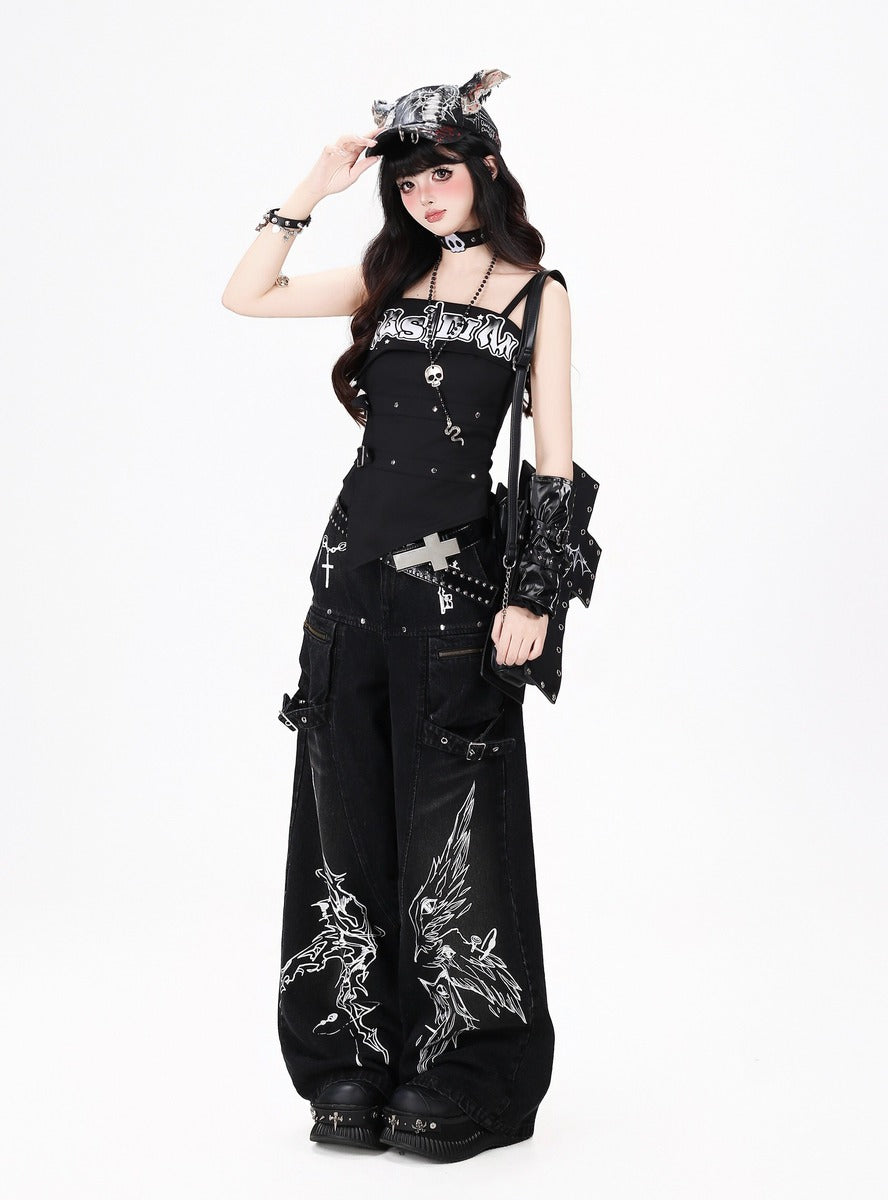 Crazy Girl Gothic Angels Eyes Black White Baggy Jeans