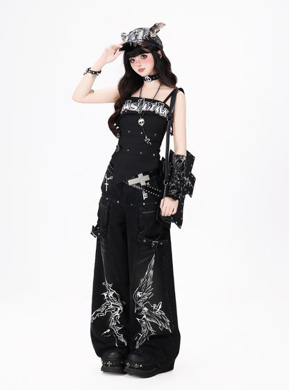 Crazy Girl Gothic Angels Eyes Black White Baggy Jeans