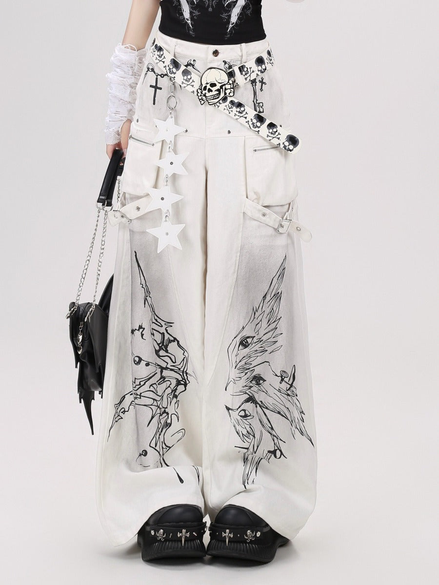 Crazy Girl Gothic Angels Eyes Black White Baggy Jeans
