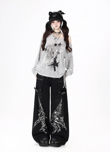 Crazy Girl Gothic Angels Eyes Black White Baggy Jeans
