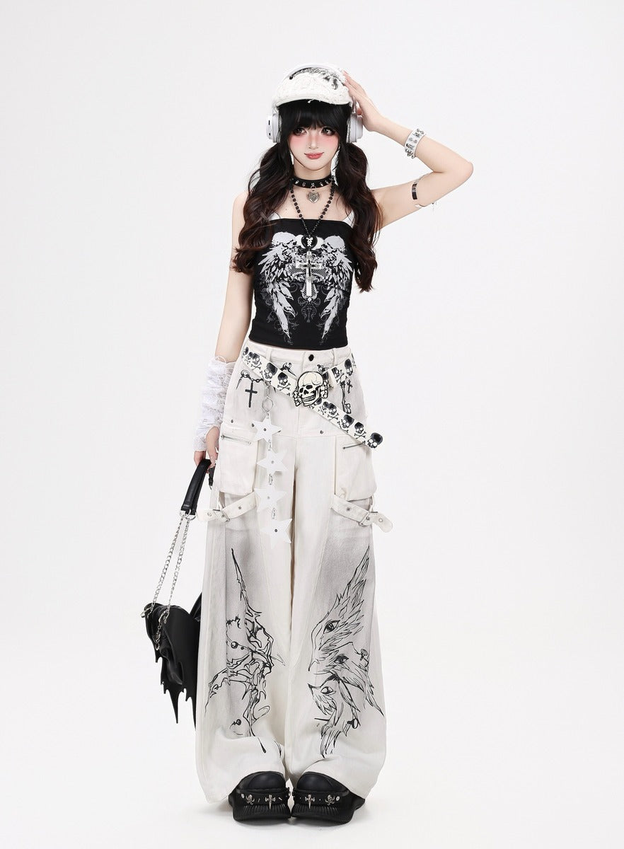 Crazy Girl Gothic Angels Eyes Black White Baggy Jeans