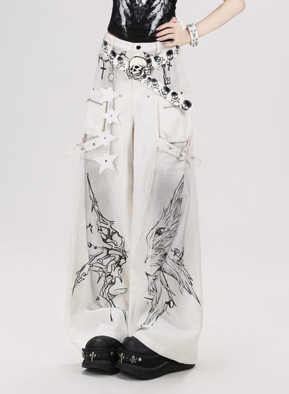 Crazy Girl Gothic Angels Eyes Black White Baggy Jeans