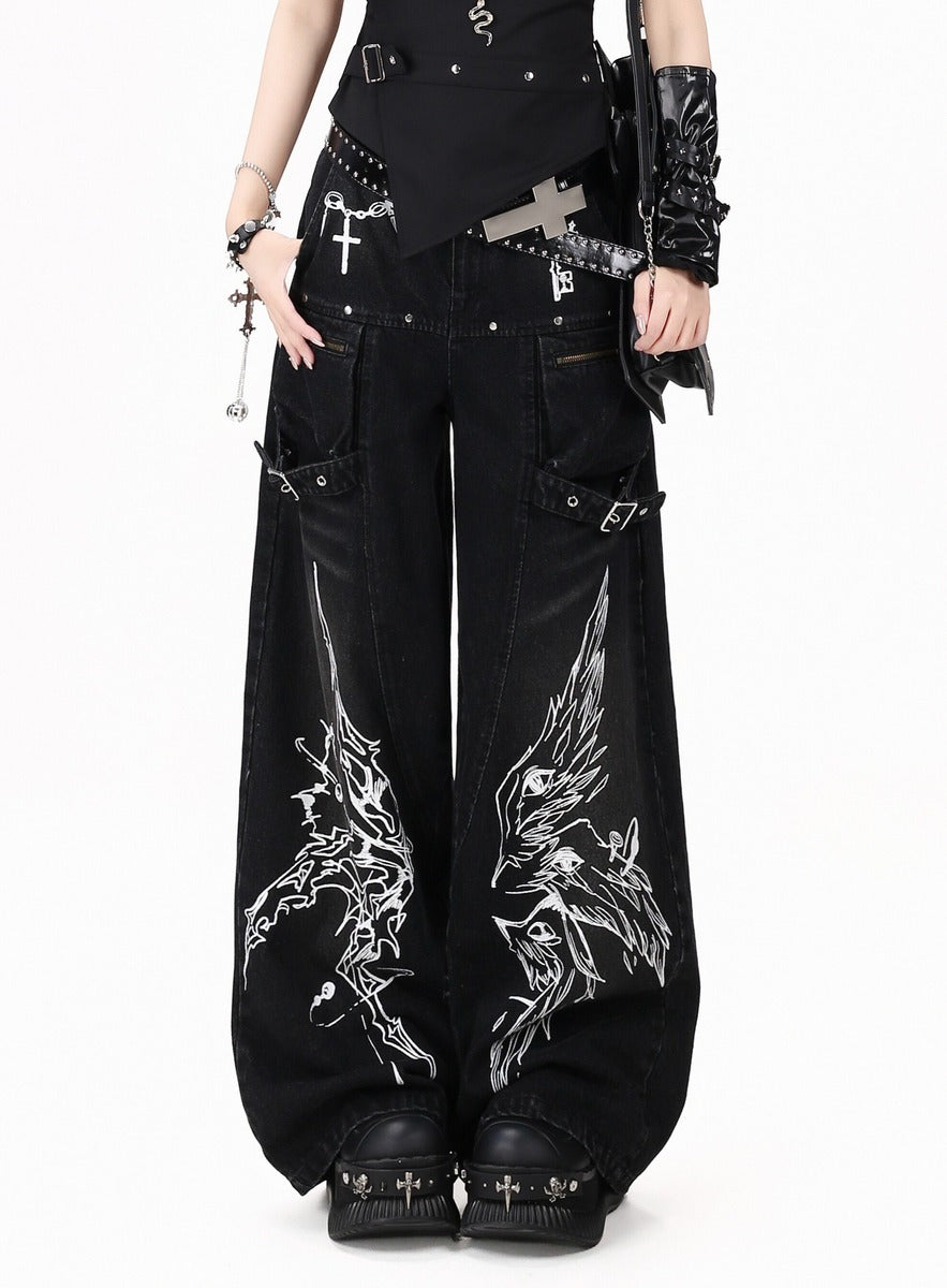 Crazy Girl Gothic Angels Eyes Black White Baggy Jeans