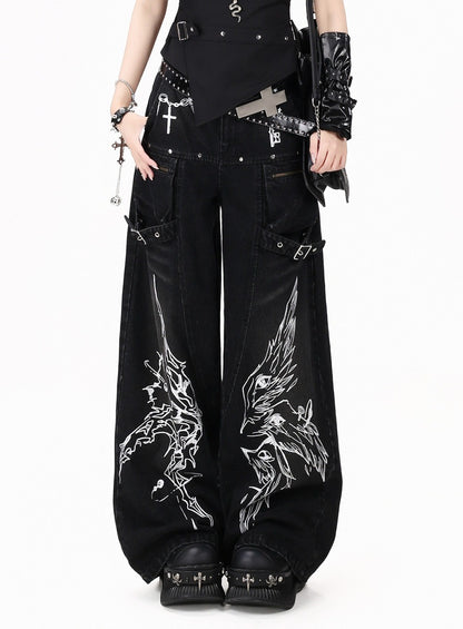 Crazy Girl Gothic Angels Eyes Black White Baggy Jeans