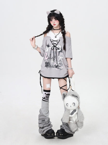 Crazy Girl Graffiti Drawstring Gray Black Shirt Top