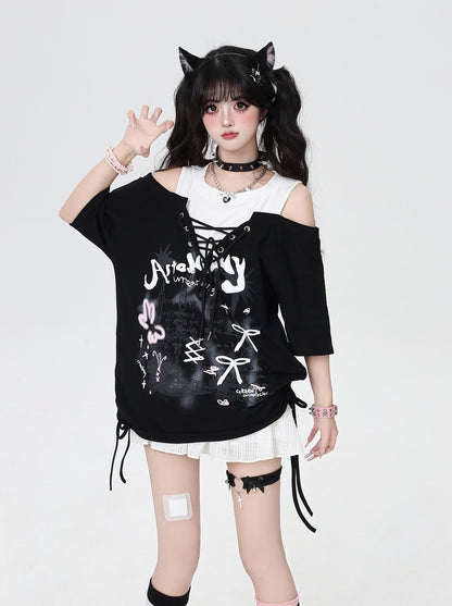 Crazy Girl Graffiti Drawstring Gray Black Shirt Top