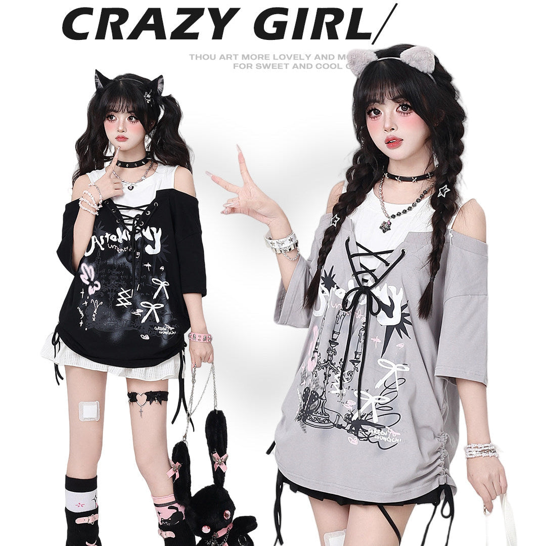 Crazy Girl Graffiti Drawstring Gray Black Shirt Top