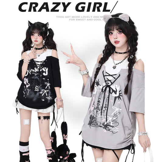 Crazy Girl Graffiti Drawstring Gray Black Shirt Top
