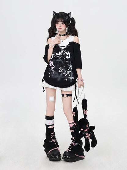 Crazy Girl Graffiti Drawstring Gray Black Shirt Top