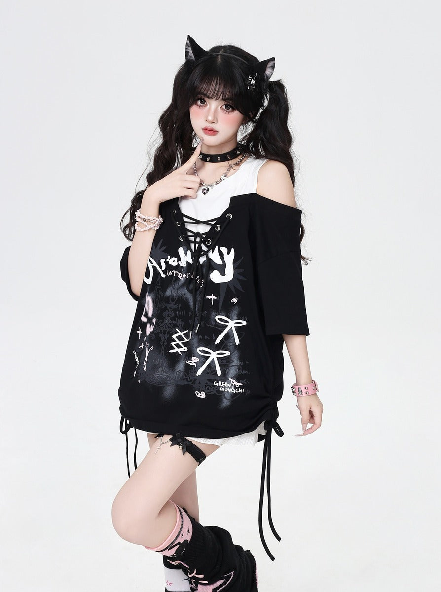 Crazy Girl Graffiti Drawstring Gray Black Shirt Top – Sugarplum Store
