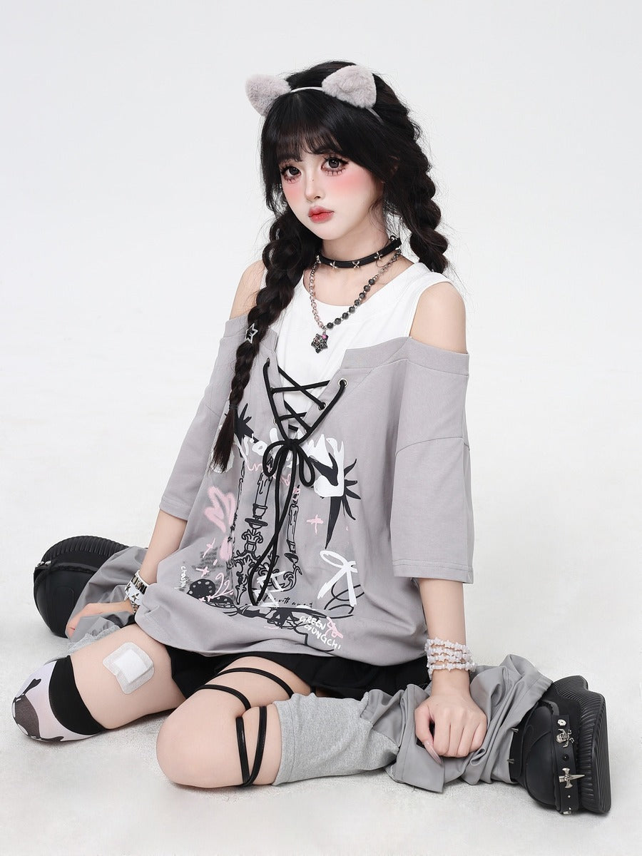 Crazy Girl Graffiti Drawstring Gray Black Shirt Top