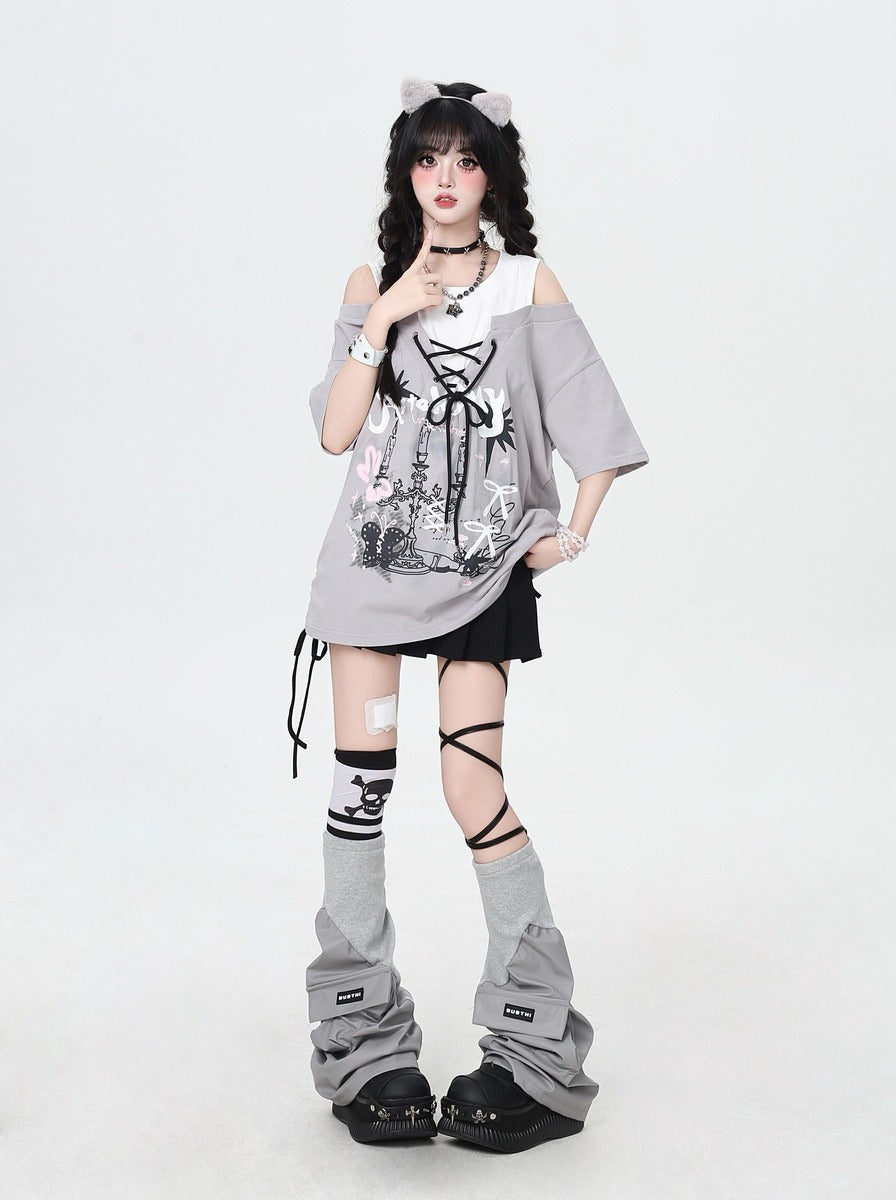 Crazy Girl Graffiti Drawstring Gray Black Shirt Top