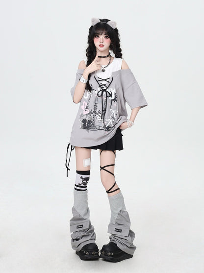 Crazy Girl Graffiti Drawstring Gray Black Shirt Top