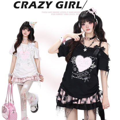 Crazy Girl Heart Push Black Pink Shirt Top