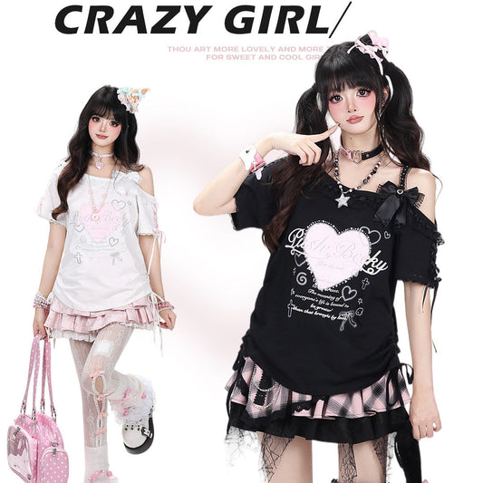 Crazy Girl Heart Push Black Pink Shirt Top