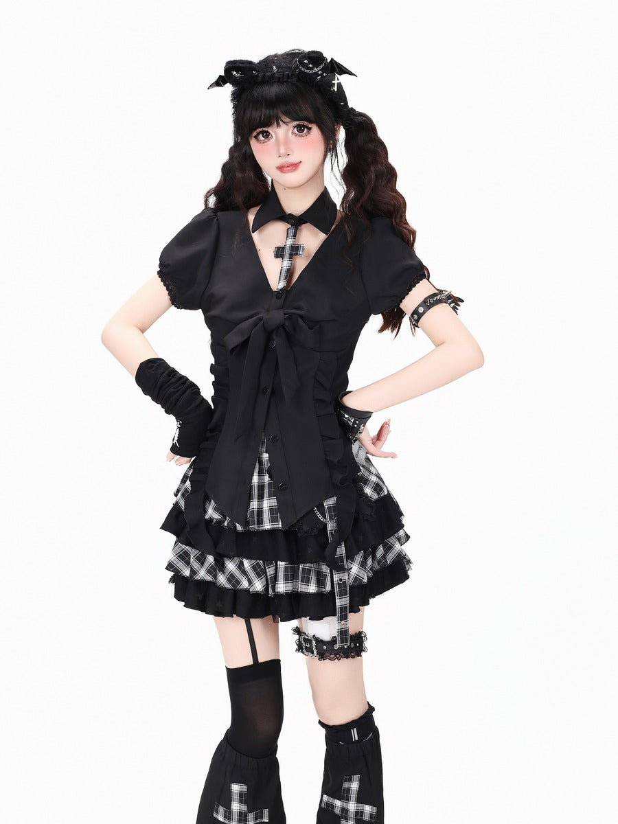 Crazy Girl Heartbeat Prologue Plaid Black Shirt Skirt Leg Warmers Three Piece Set