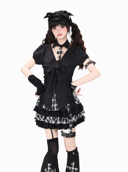Crazy Girl Heartbeat Prologue Plaid Black Shirt Skirt Leg Warmers Three Piece Set