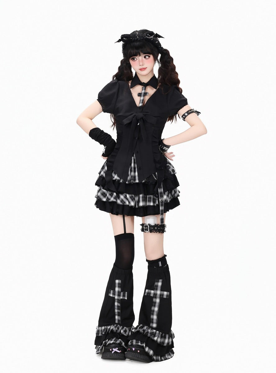 Crazy Girl Heartbeat Prologue Plaid Black Shirt Skirt Leg Warmers Three Piece Set