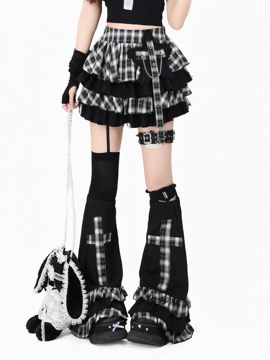 Crazy Girl Heartbeat Prologue Plaid Black Shirt Skirt Leg Warmers Three Piece Set