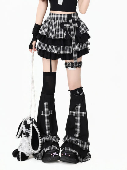 Crazy Girl Heartbeat Prologue Plaid Black Shirt Skirt Leg Warmers Three Piece Set