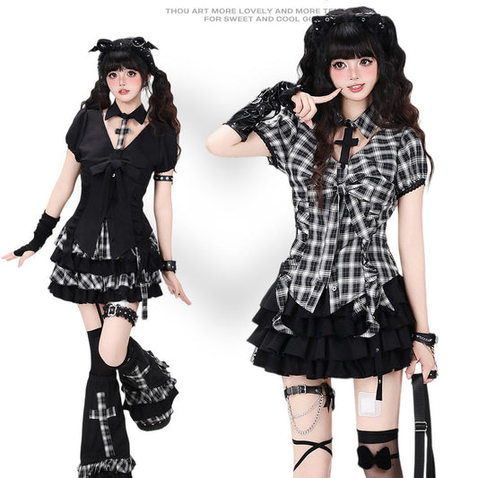 Crazy Girl Heartbeat Prologue Plaid Black Shirt Skirt Leg Warmers Three Piece Set