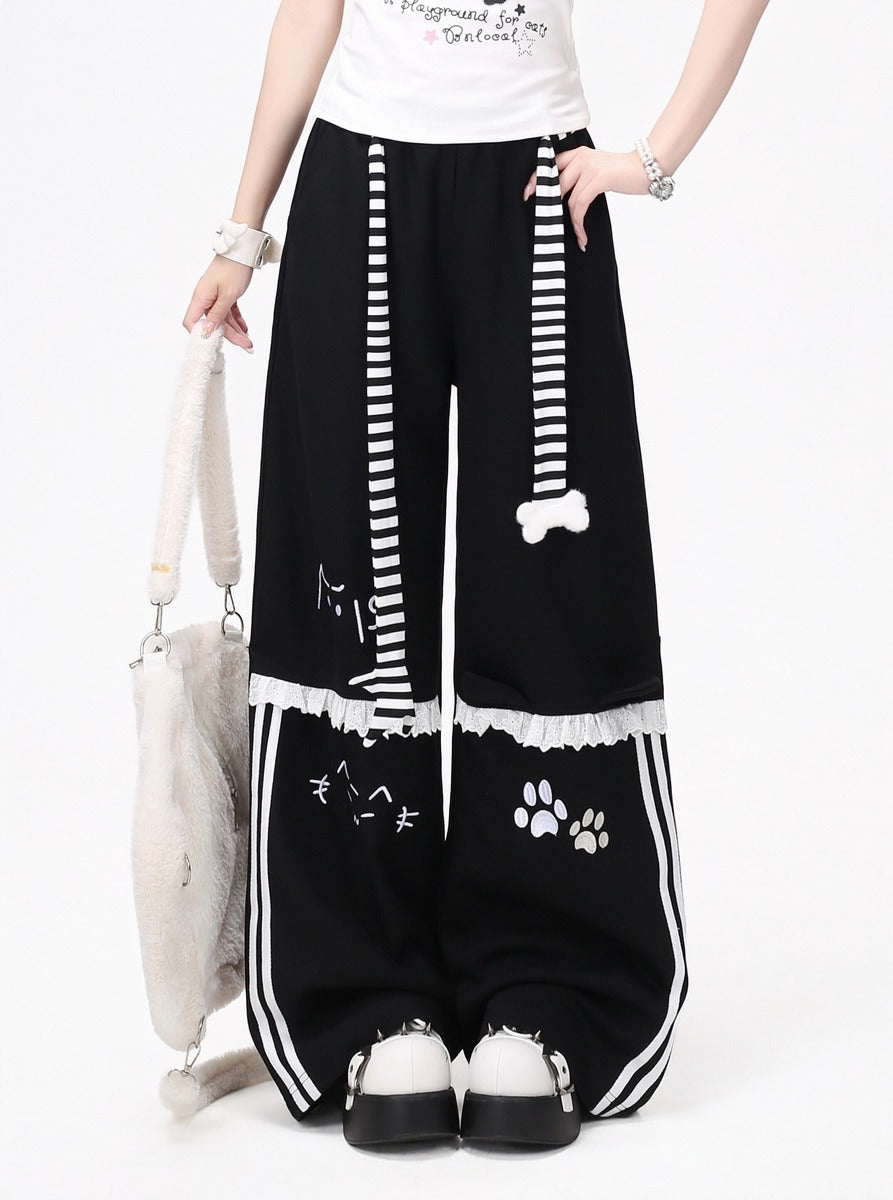 Crazy Girl Kitten Paws Striped Pink Black Gray Elastic Sweatpants