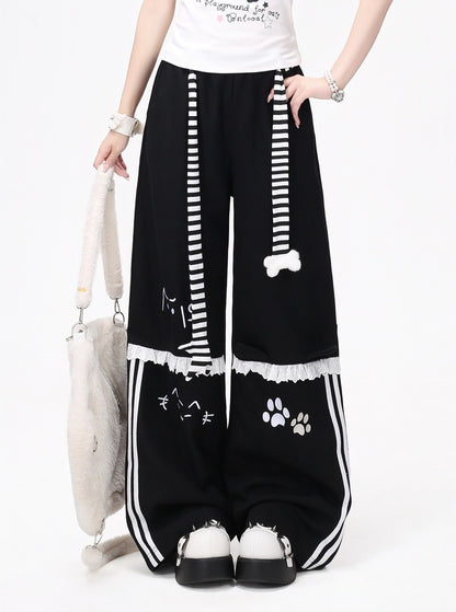 Crazy Girl Kitten Paws Striped Pink Black Gray Elastic Sweatpants