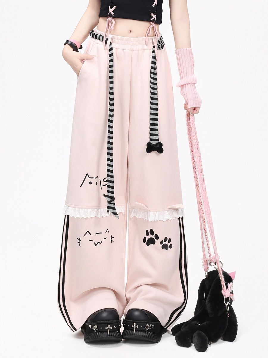Crazy Girl Kitten Paws Striped Pink Black Gray Elastic Sweatpants