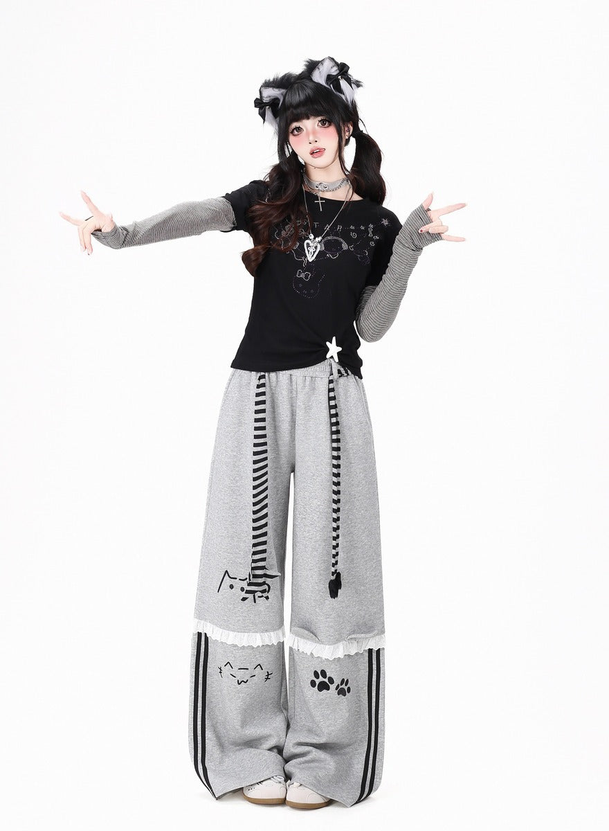 Crazy Girl Kitten Paws Striped Pink Black Gray Elastic Sweatpants