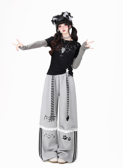 Crazy Girl Kitten Paws Striped Pink Black Gray Elastic Sweatpants