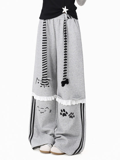 Crazy Girl Kitten Paws Striped Pink Black Gray Elastic Sweatpants