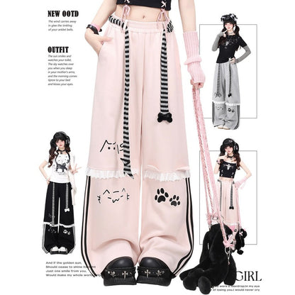 Crazy Girl Kitten Paws Striped Pink Black Gray Elastic Sweatpants