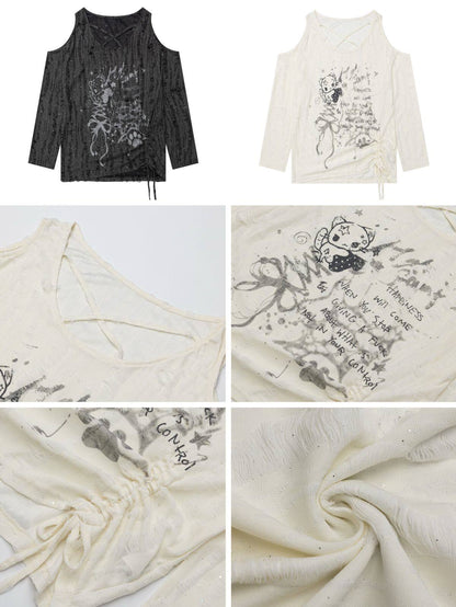 Crazy Girl Mischievous Cat Punk White Gray Shirt Top