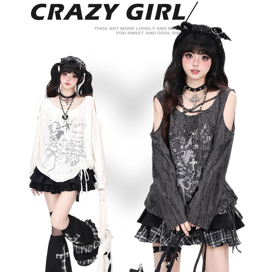 Crazy Girl Mischievous Cat Punk White Gray Shirt Top