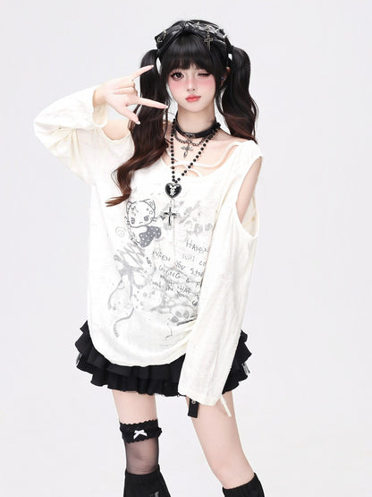 Crazy Girl Mischievous Cat Punk White Gray Shirt Top