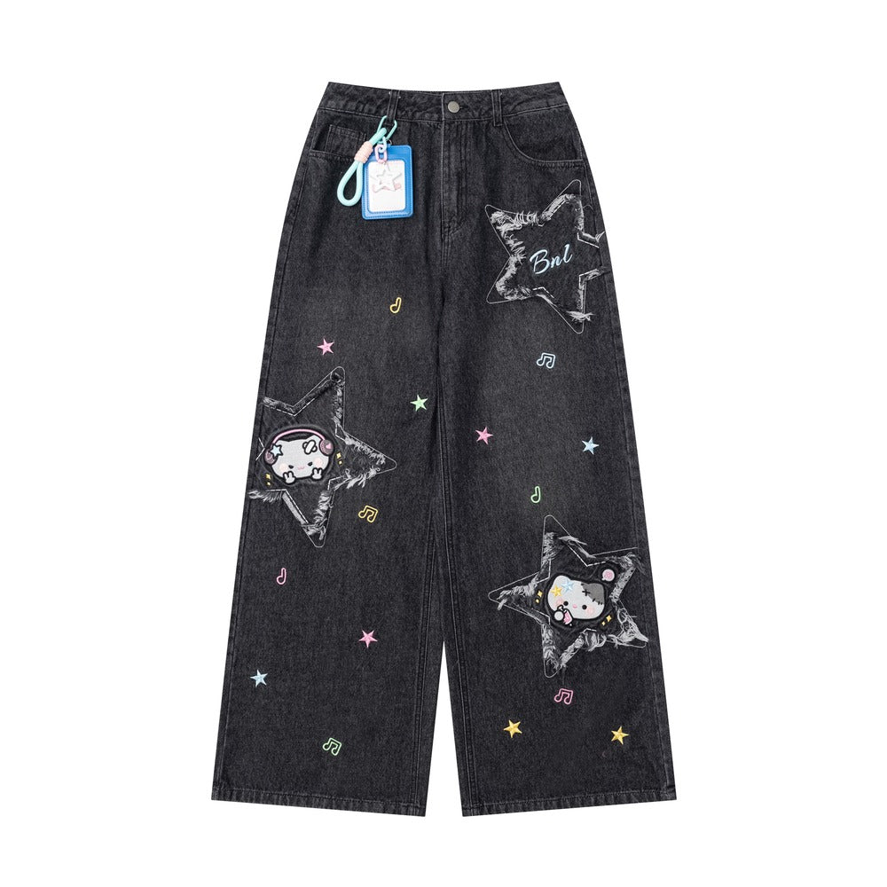 Crazy Girl Music Note Star Embroidery Cat Blue Black Baggy Jeans